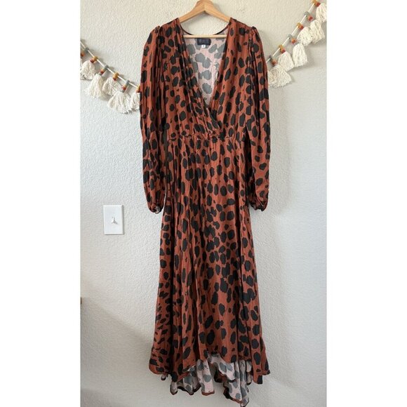 Megan Renee Talia Drape Animal Print Wrap Maxi Dress Brown Boho Contemporary M - Picture 1 of 10